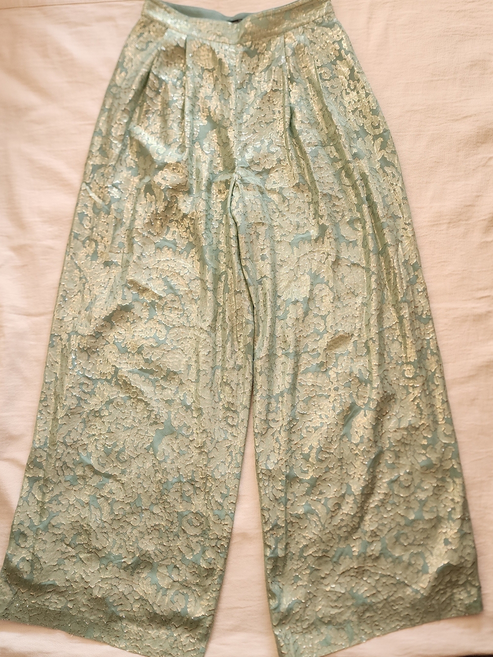 MASSIMO DUTTI Gold Metallic Floral Jacquard Wide-Leg Pants - Size 6 / 38